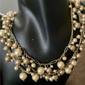 Talbots 1990s Gold and Cream Pearl Multi Strand Cluster Bib Necklace